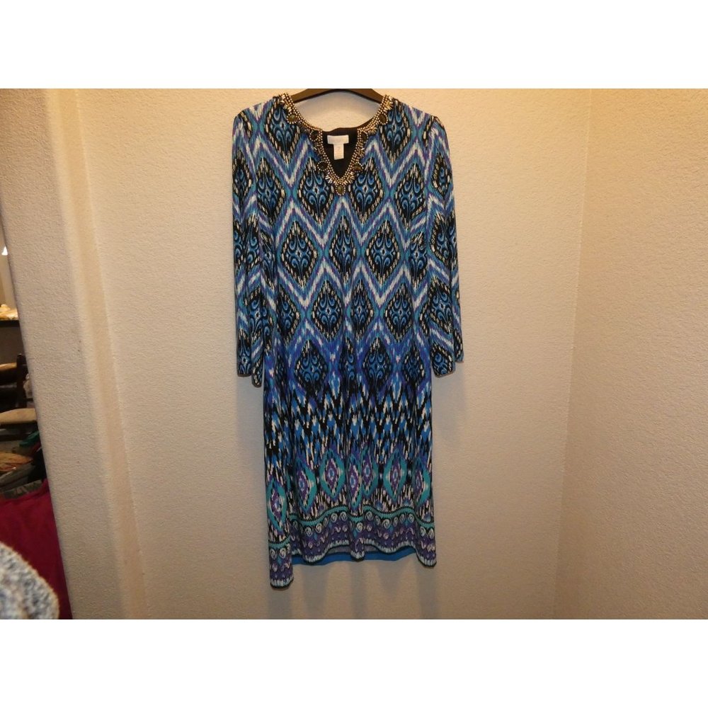 Women's Dress Size L/12, Blue pattern with Beaded embellishments, Chico's Brand